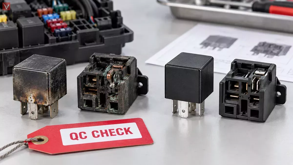 Damaged relay socket beside a known-good automotive relay