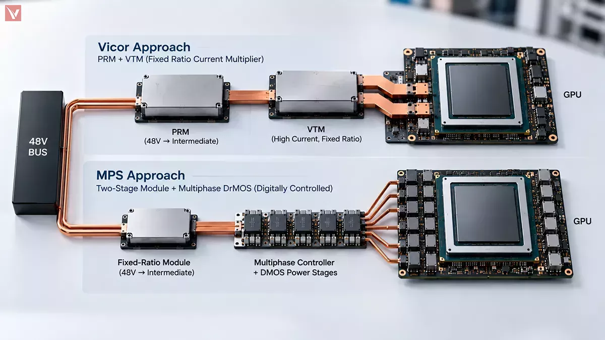 Vicor FPA and MPS multiphase 48V-to-GPU power architecture comparison