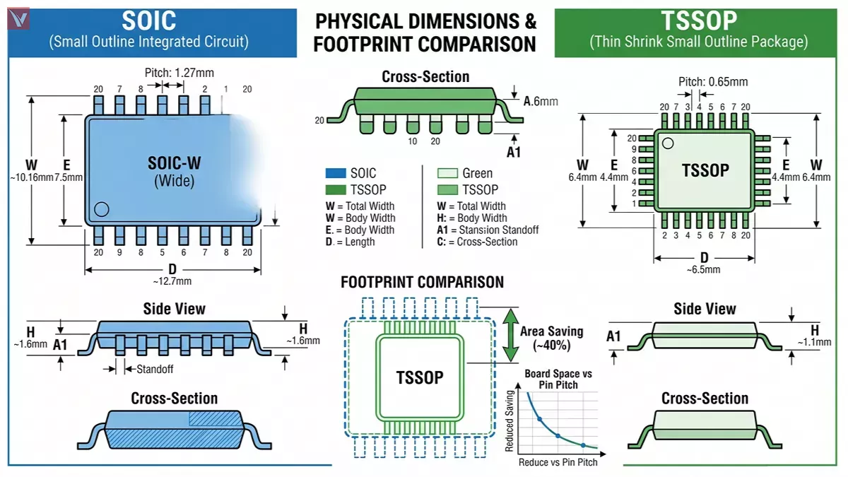 TSSOP and SOIC physical dimensions and footprint comparison