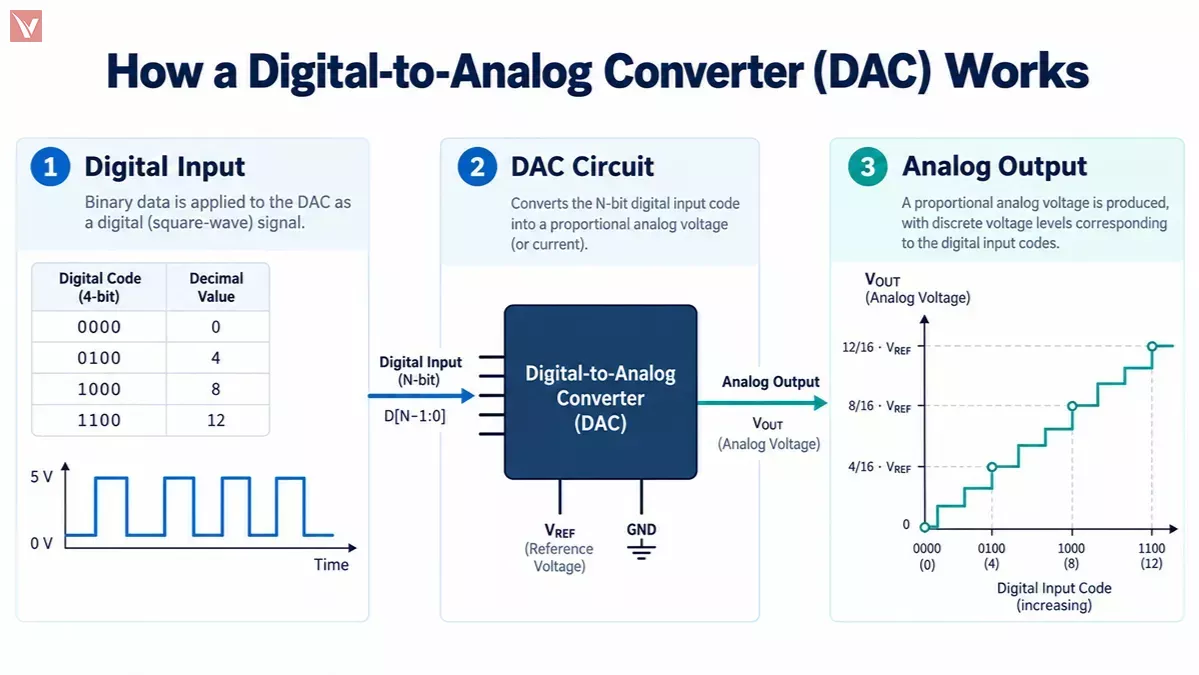Block diagram showing how a DAC converts digital binary input into stepped analog voltage output